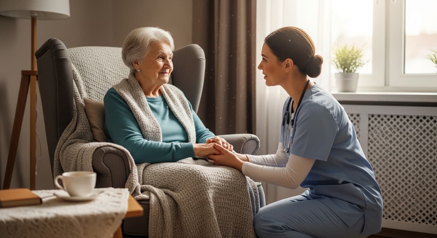 Caregiver and senior woman holding hands