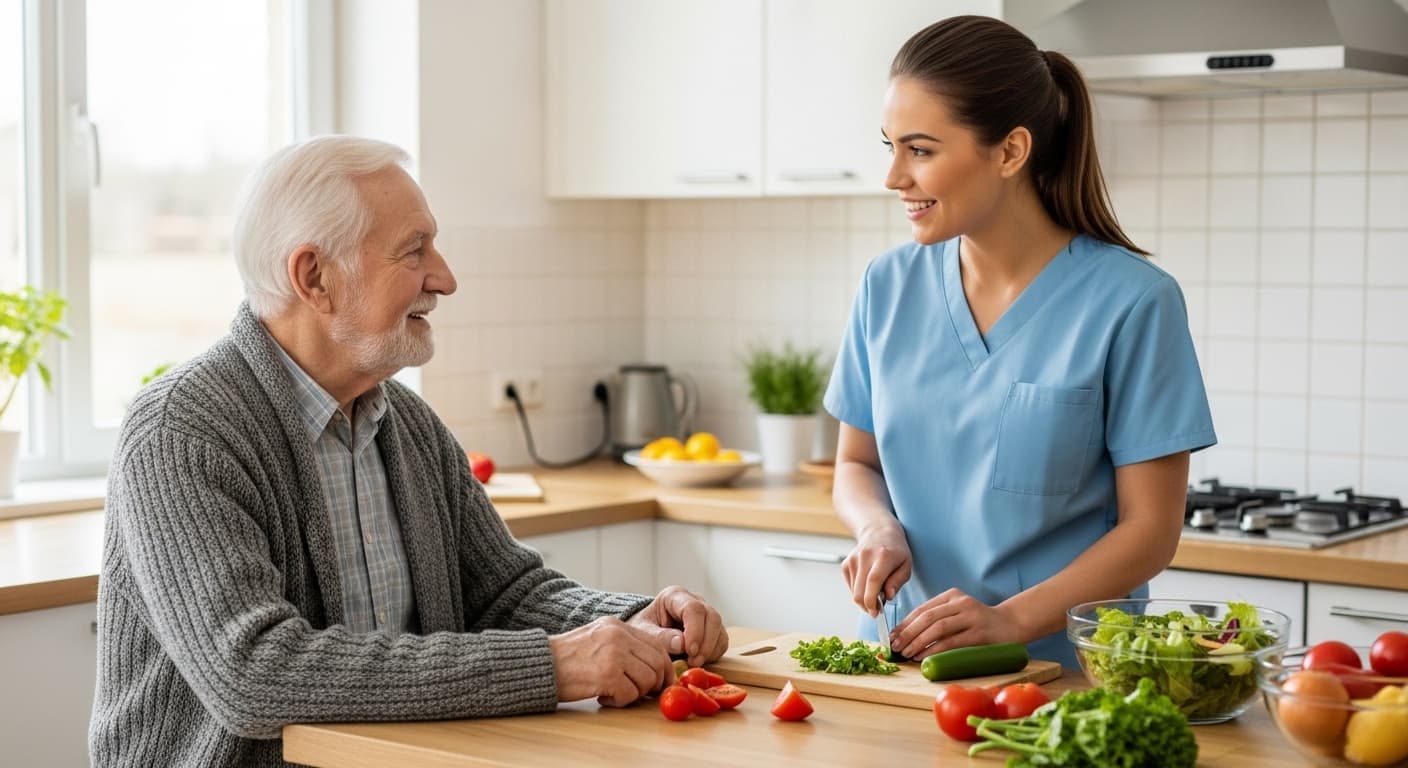 Caregiver and senior in living room