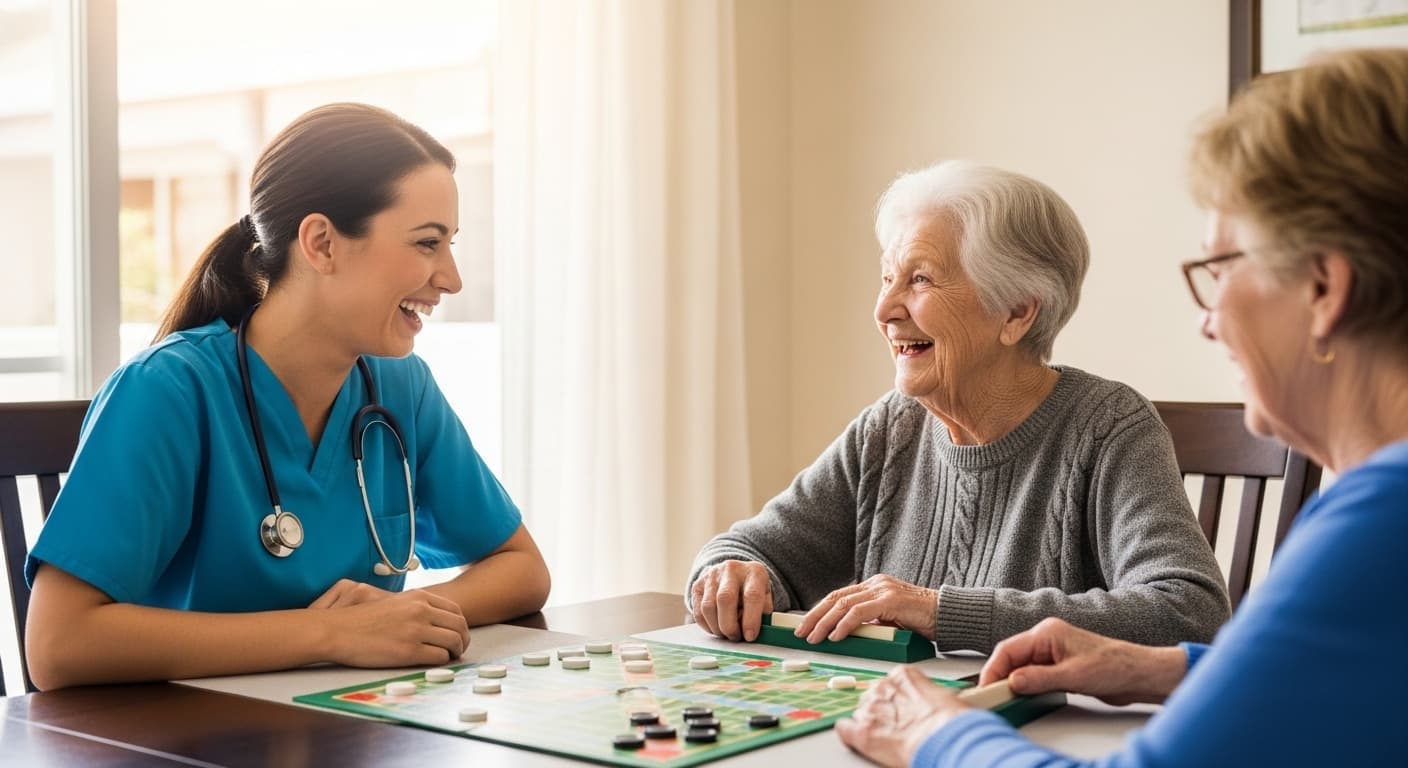 Caregiver and senior smiling