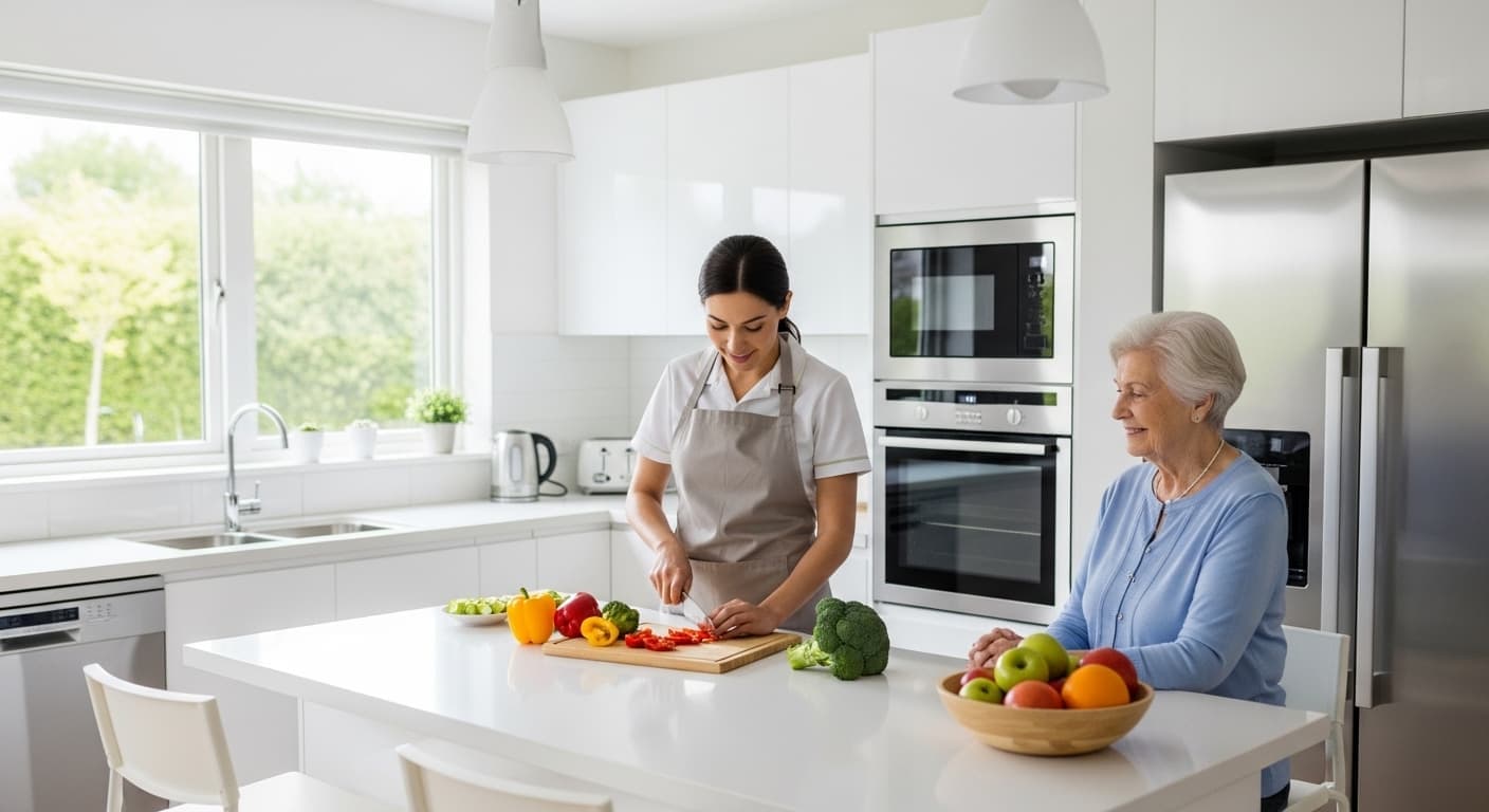 Caregiver helping senior in kitchen