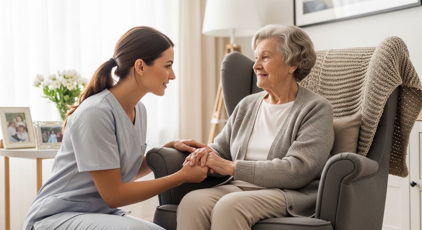 Caregiver smiling on phone