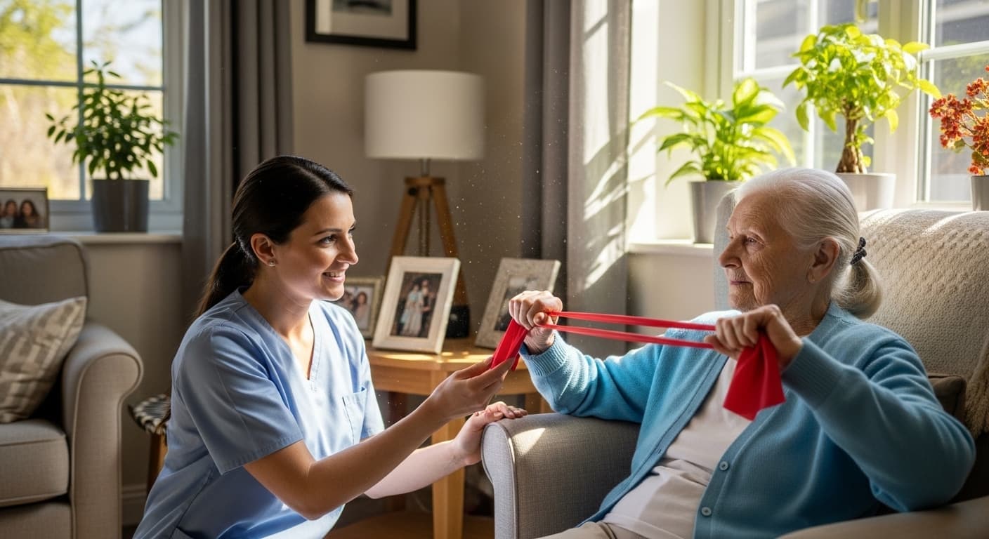 Caregiver and senior in kitchen