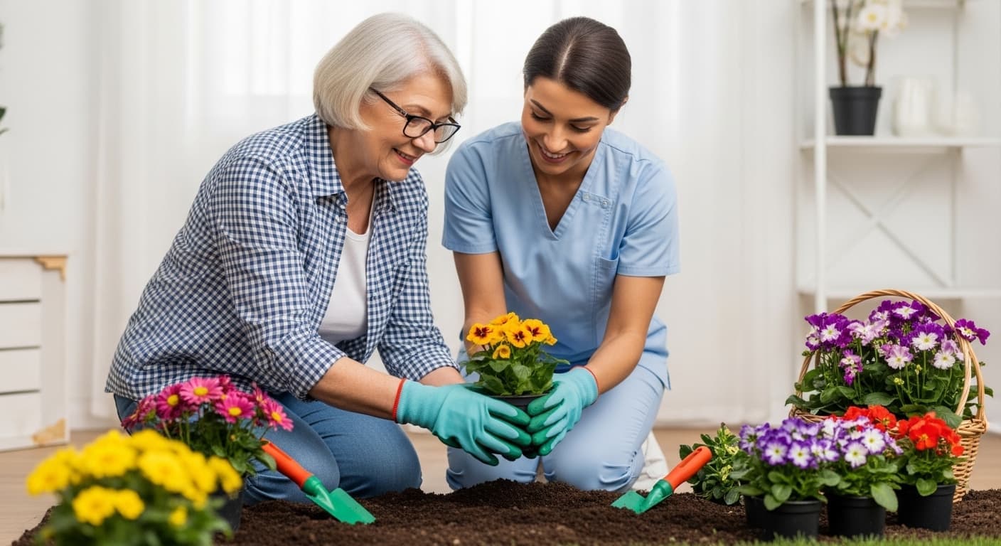Caregiver assisting senior on stairs