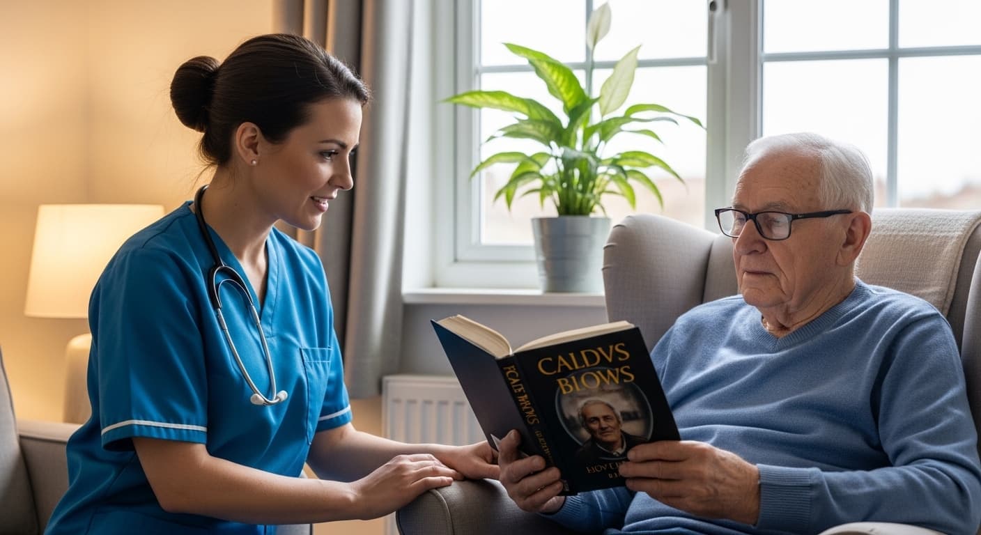 Caregiver reading with senior man