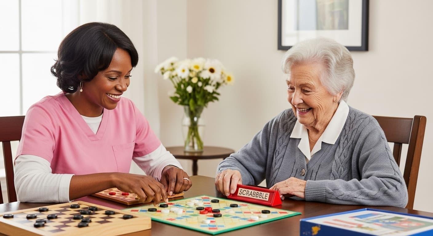Caregiver playing puzzle with senior man