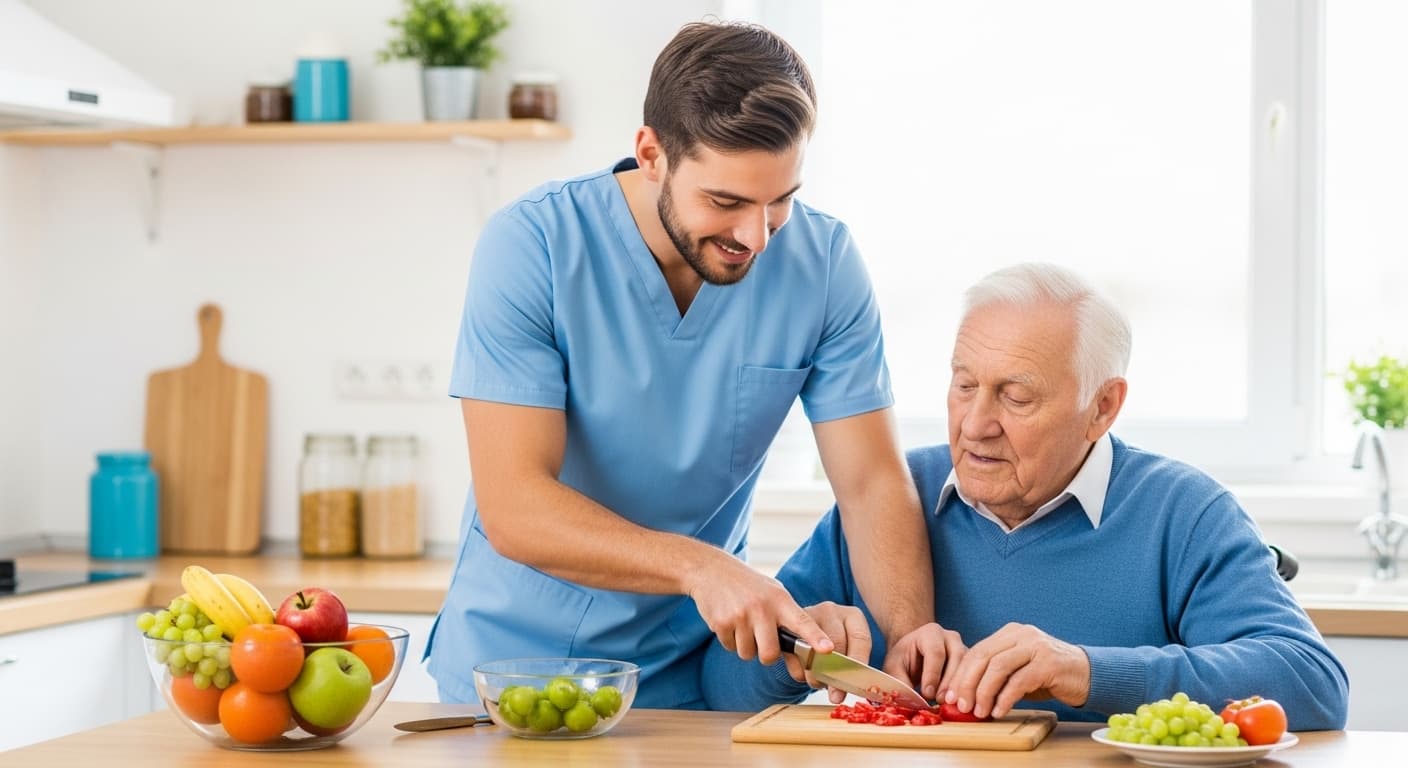 Senior man and caregiver smiling outside