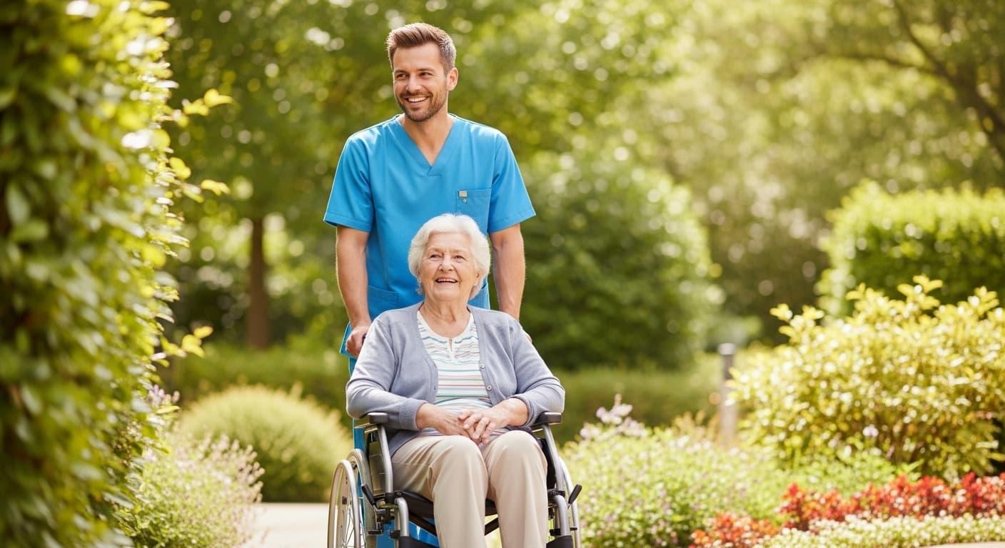 Caregiver helping senior on stairs